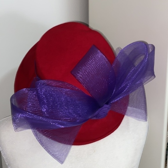 Red Hat Society Purple Ribbon Flower Derby Wool Hat Fall Warm Party Vacation - Picture 14 of 16